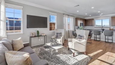 Open concept living room with hardwood floors, accent rug, white captain chairs, grey couch, mounted tv between 2 large windows, and 9 foot ceilings with canned lighting.