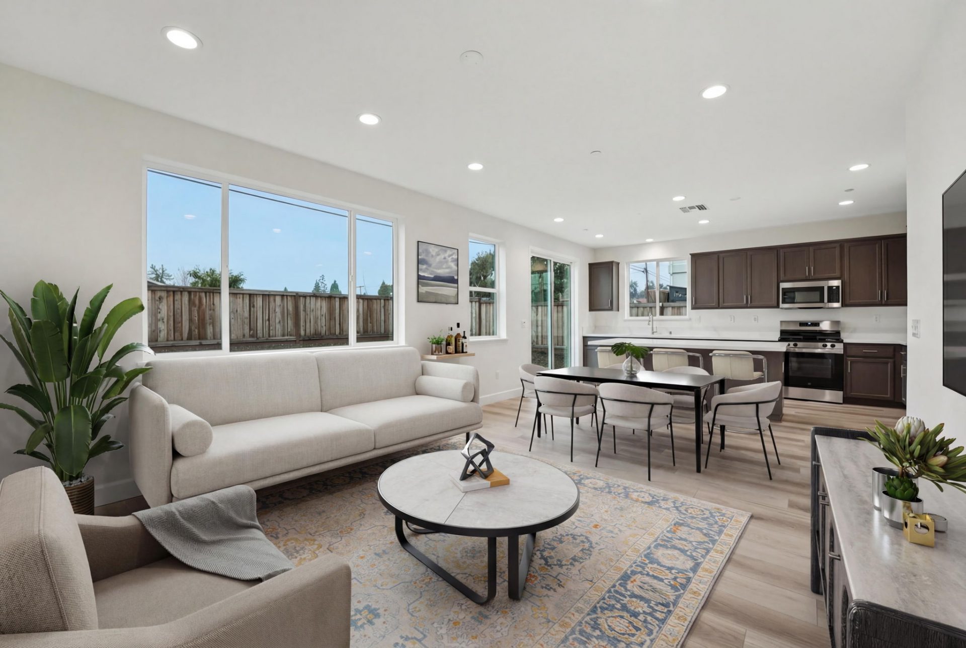 An open space area with a living area virtually staged with seating furniture, a dining table with six chairs and a kitchen area with a kitchen island and dark brown upper and lower cabinets.