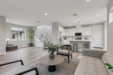 A seating area furnished with a couch and two chairs, a round coffee table, an open concept space with brown wood flooring, gray walls and LED can lights in the ceiling. Plants and other décor items can be seen as well as the kitchen to the right.