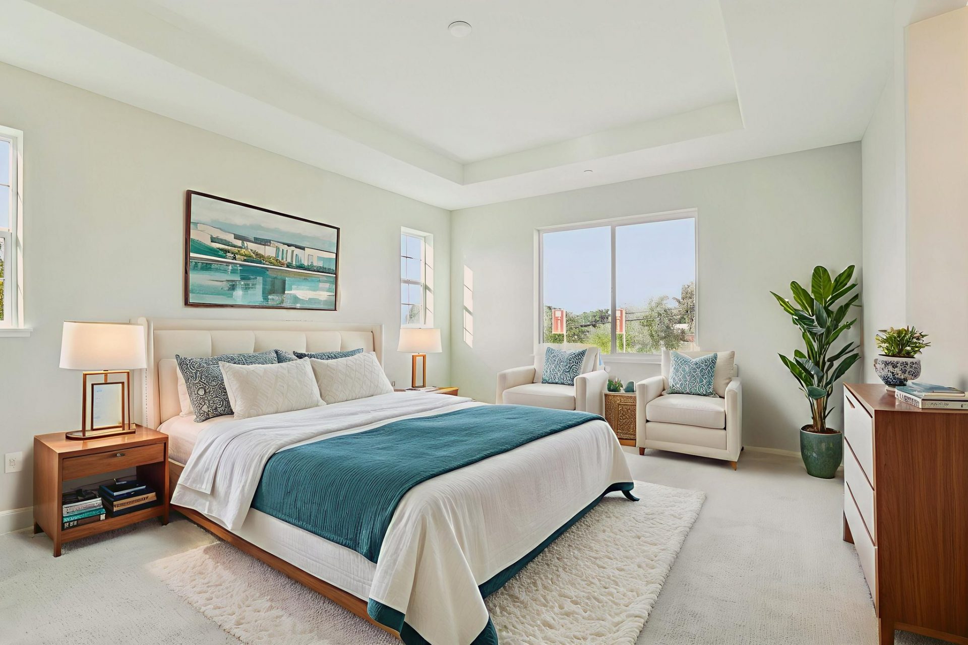 A virtually staged bedroom with a bed on headboard and rails with white and turquoise linens, a seating area under a window with two chairs and small table in between. Along with a dresser, nightstands with lamps and other décor items.