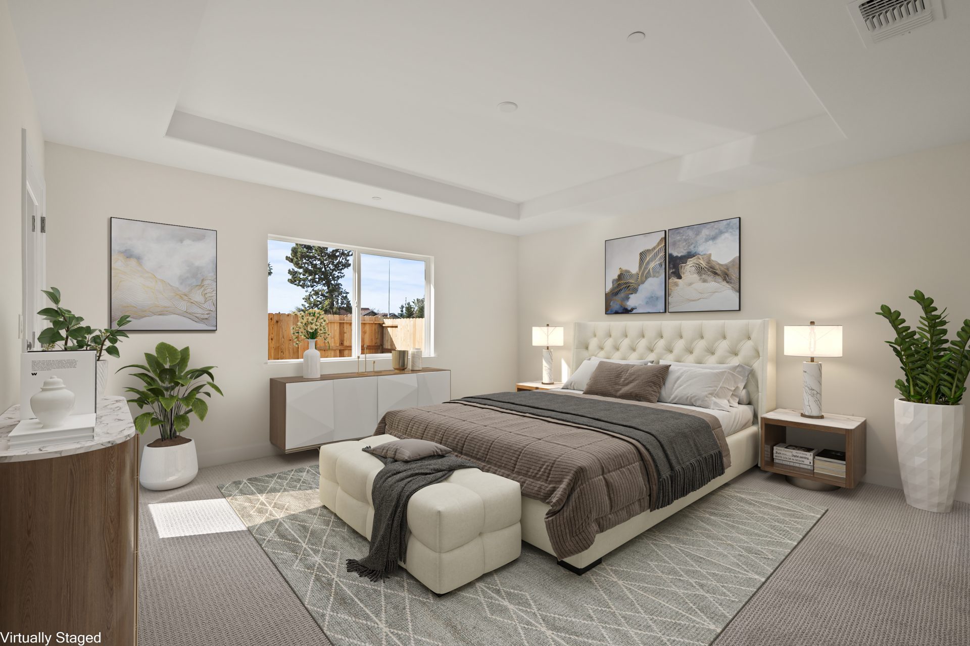 A virtually staged bedroom with a bed with headboard and rails, a ottoman at the end of the bed, matching dresser and nightstands with lamps, wall art, potted plants and other décor items, with light cray carpeting, light color walls and a window.