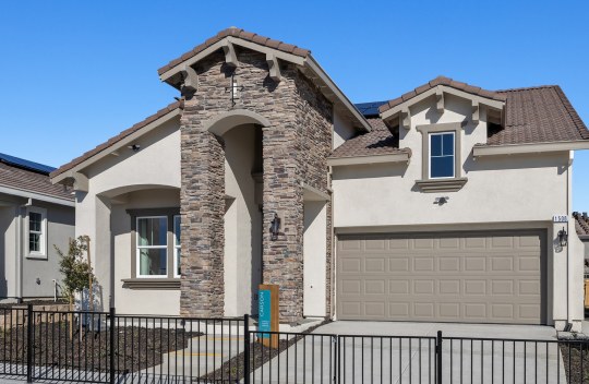 The exterior of a home with light tan stucco with brown color accents, a large entry way with a ground to roof stone detail of mixed colored stone with dark colored mulch and small trees and shrubs landscaping.