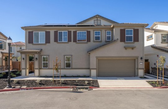 Front view of a two story home with a three color paint scheme of light, medium and dark brown, multiple window with shutters, with landscaping of mulch and small trees.