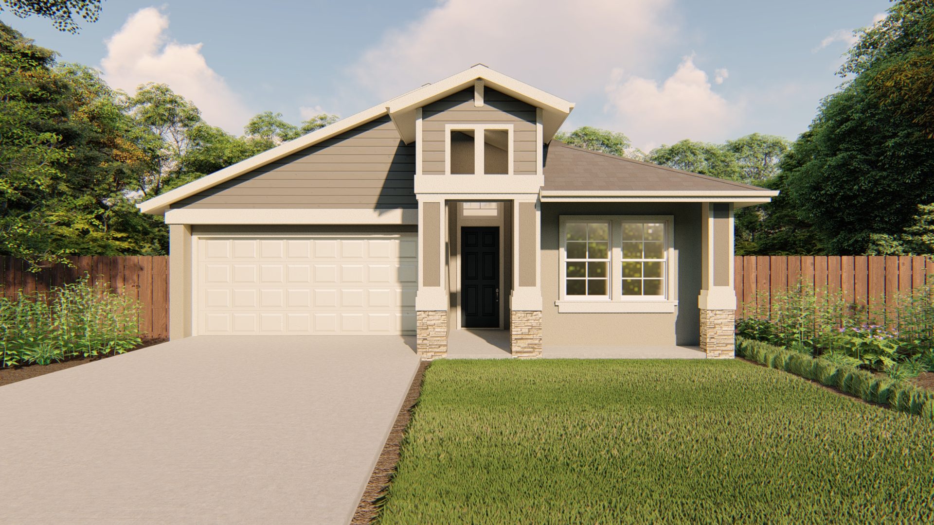 A digital rendering of a single story home with a large covered entry way, stone detail at the base of the pillars and a two car garage.