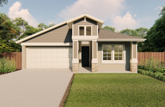 A digital rendering of a single story home with a large covered entry way, stone detail at the base of the pillars and a two car garage.