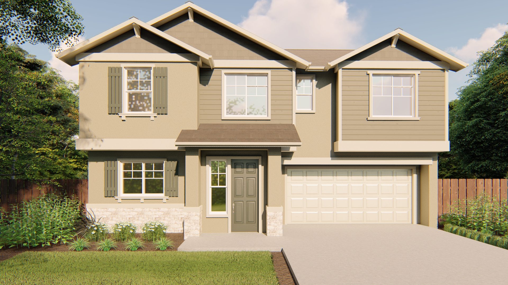 Digital rendering of an exterior of a two story home with a two car garage.