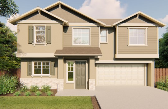 Digital rendering of an exterior of a two story home with a two car garage.