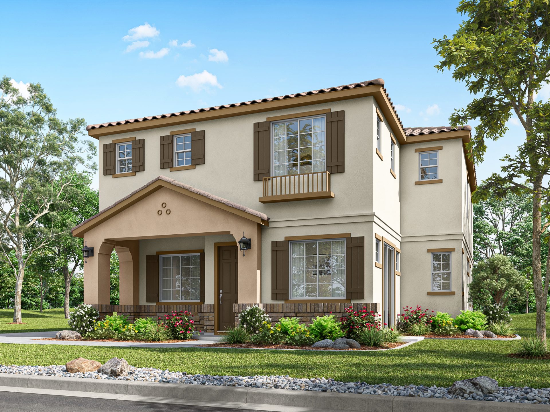 Digital rendering of the exterior of a home with a multi color paint scheme and surrounding green landscaping.