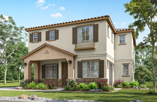 Digital rendering of the exterior of a home with a multi color paint scheme and surrounding green landscaping.