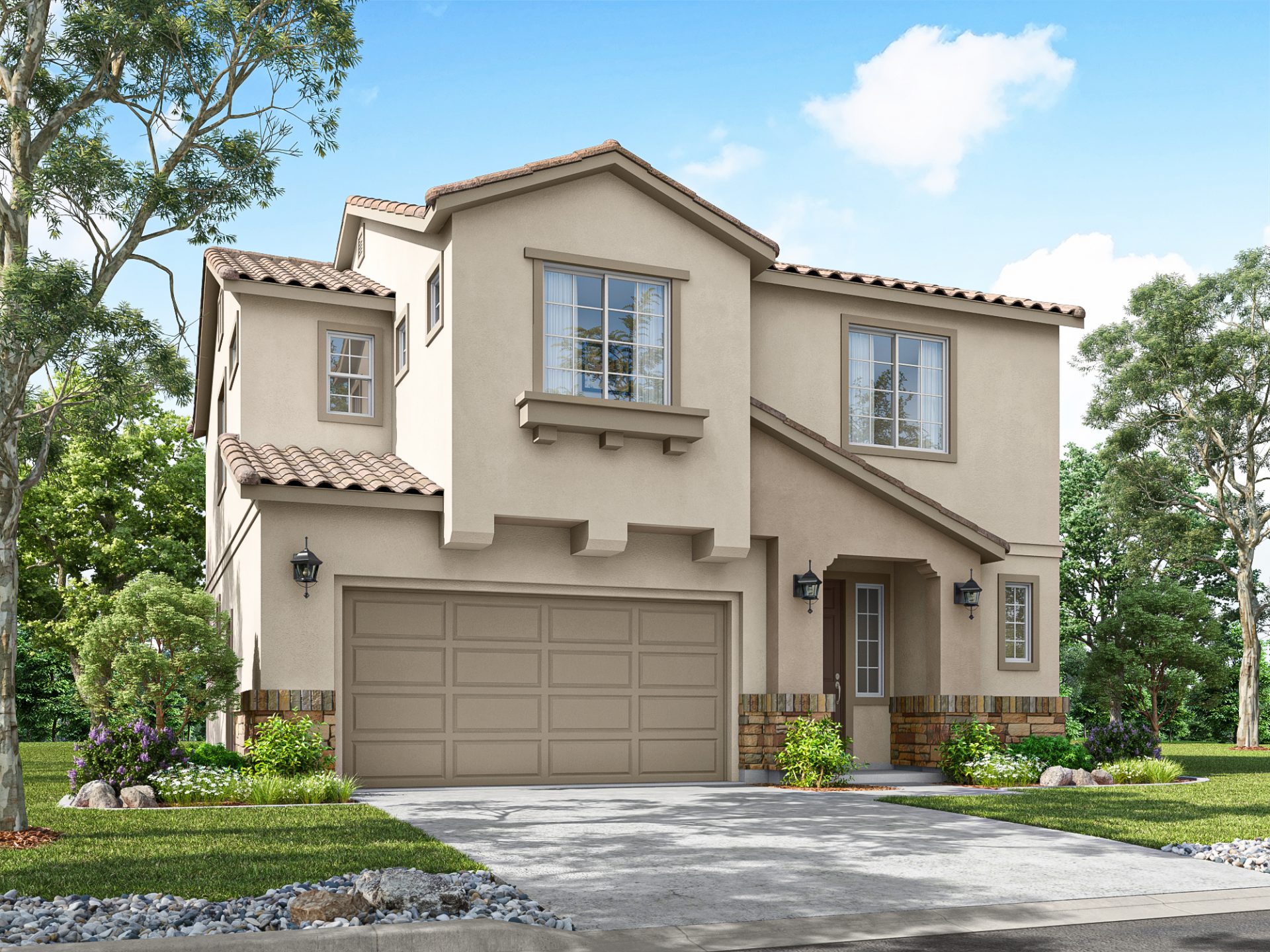 A digital rendering of an exterior of a modern new home with a multi color paint scheme and surrounding green landscaping.