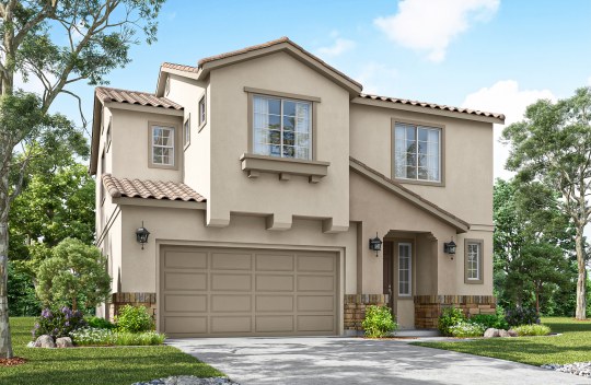 A digital rendering of an exterior of a modern new home with a multi color paint scheme and surrounding green landscaping.