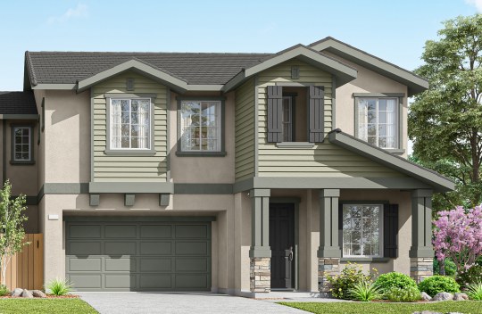 A digital rendering of a new home with a multi color paint scheme surrounded by green landscaping.