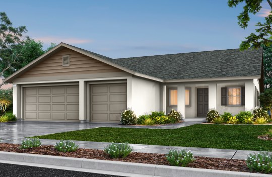 A digital rendering of an exterior view of a single story home with a 3 car garage and a multi color paint scheme with green landscaping.