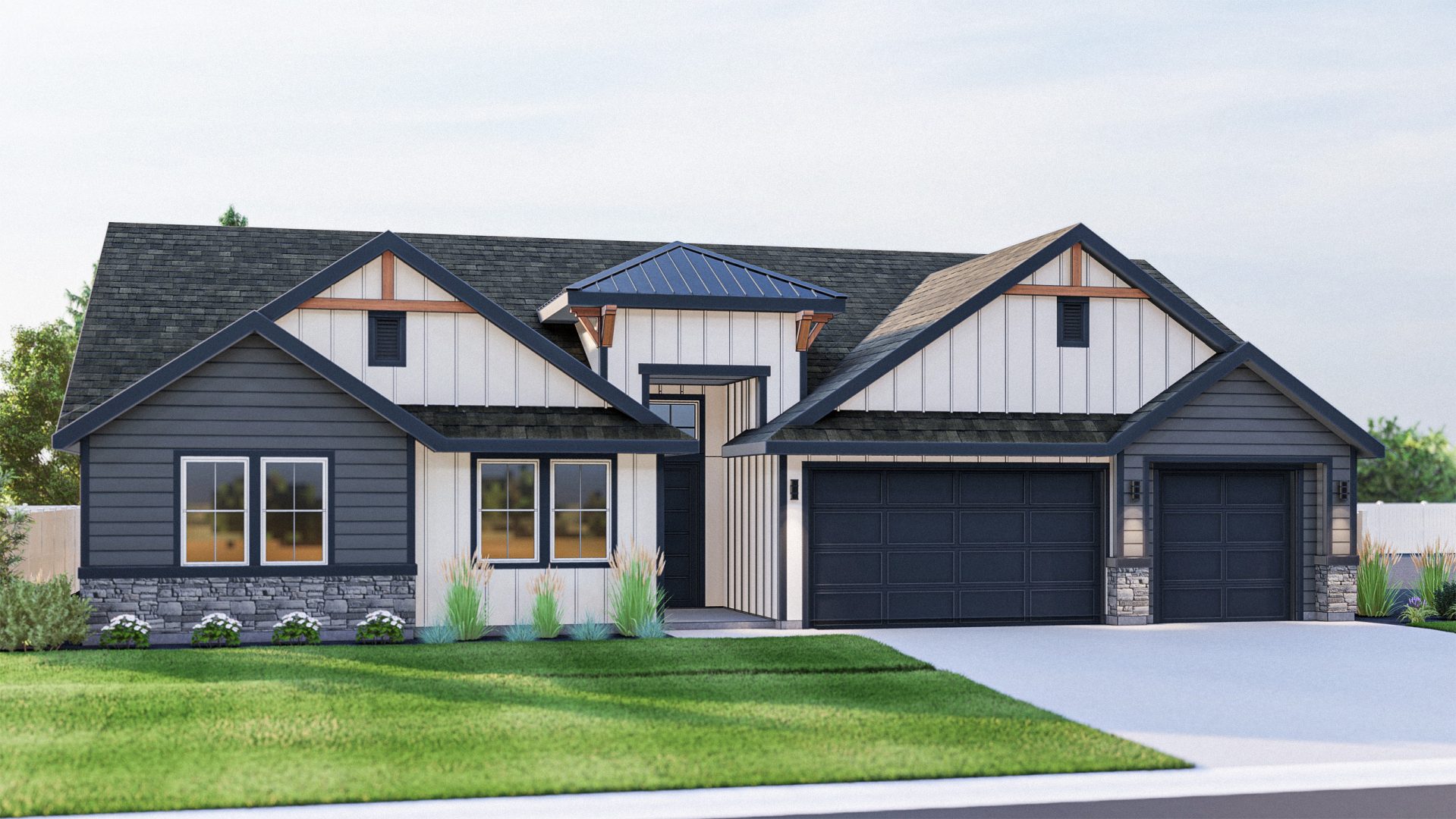 A rendering of a single story single family home with a 3 car garage.