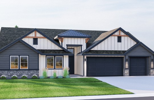 A rendering of a single story single family home with a 3 car garage.