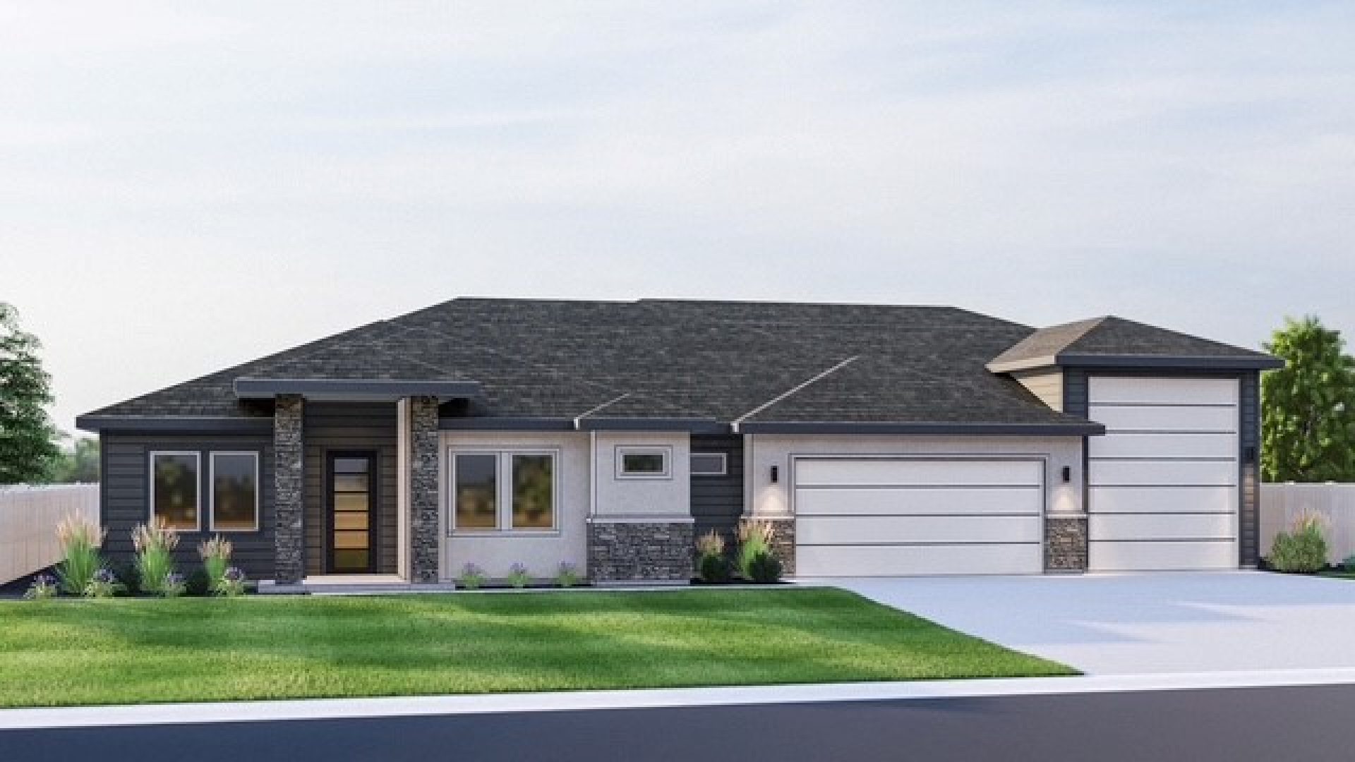 A digital rendering of a single story single family home with modern architecture and a 2 car plus RV garage.