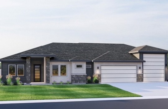 A digital rendering of a single story single family home with modern architecture and a 2 car plus RV garage.