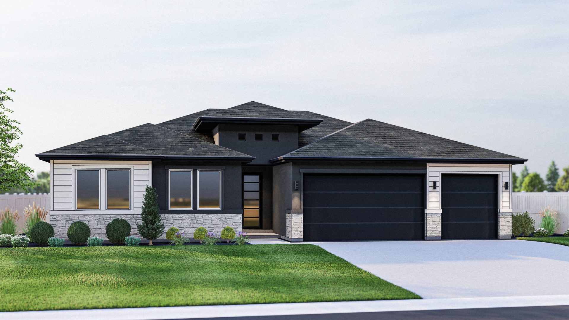 A digital rendering of a single story single family home with modern architecture and a 3 car garage.