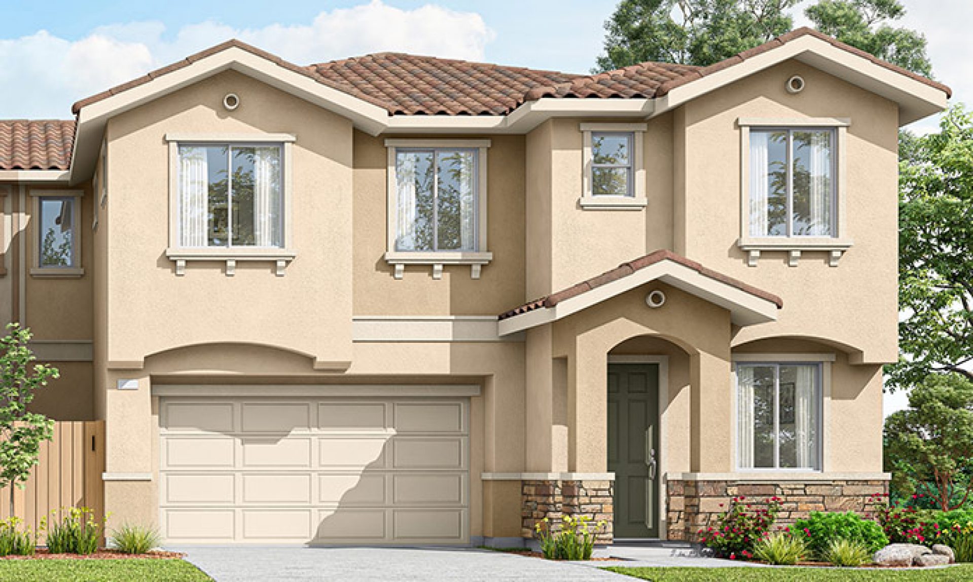 New construction Midway Meadows Berryessa Alt elevation A is a modern Spanish style 2-story single family home with 2 car garage and covered front porch.