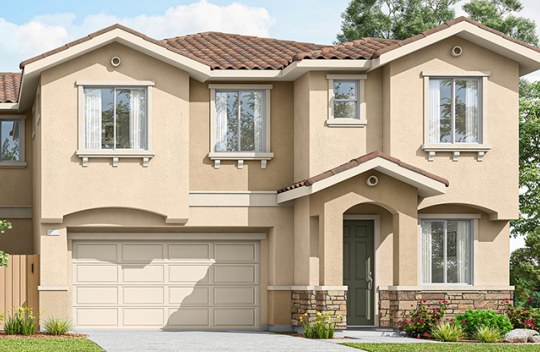 New construction Midway Meadows Berryessa Alt elevation A is a modern Spanish style 2-story single family home with 2 car garage and covered front porch.