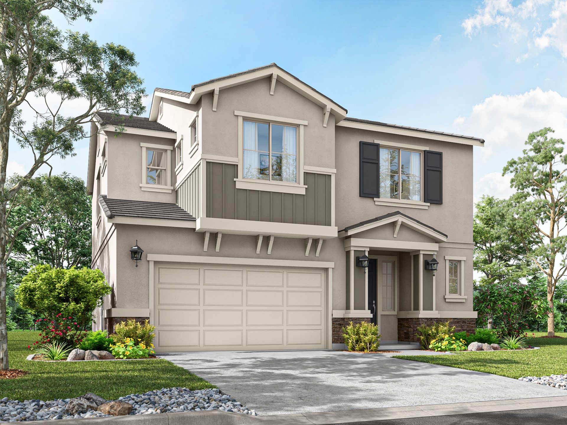 A digital rendering of a modern two story home with a beige stucco wall, brick detail on the lower portion of the home, wood panel accent and window shutters. Luscious green landscaping surrounds the home.