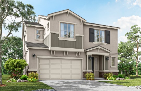 A digital rendering of a modern two story home with a beige stucco wall, brick detail on the lower portion of the home, wood panel accent and window shutters. Luscious green landscaping surrounds the home.