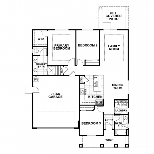 Arcadia single-level floorplan with 3 bedrooms, 2 bathrooms, and open concept kitchen, dining and family room, and 2 car garage.