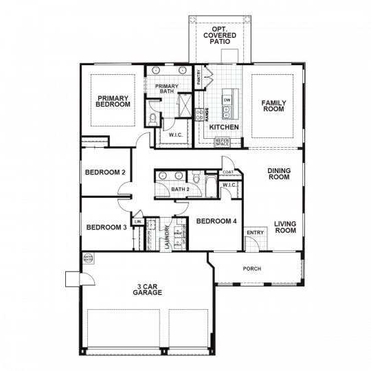 Chestnut single-level floorplan with 4 bedrooms, 2 bathrooms, kitchen and family room, dining and living room, laundry room and 3 car garage.