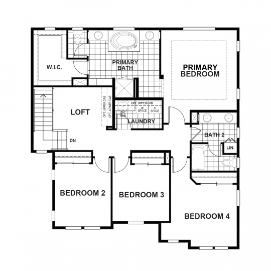 Berryessa floorplan second floor with primary bedroom and bathroom, second, third and fourth bedrooms, second full bath, loft and laundry room.