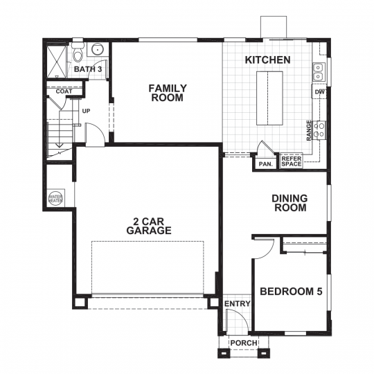 Berryessa floorplan first floor with 2 car garage, dining room, fifth bedroom and third bath.